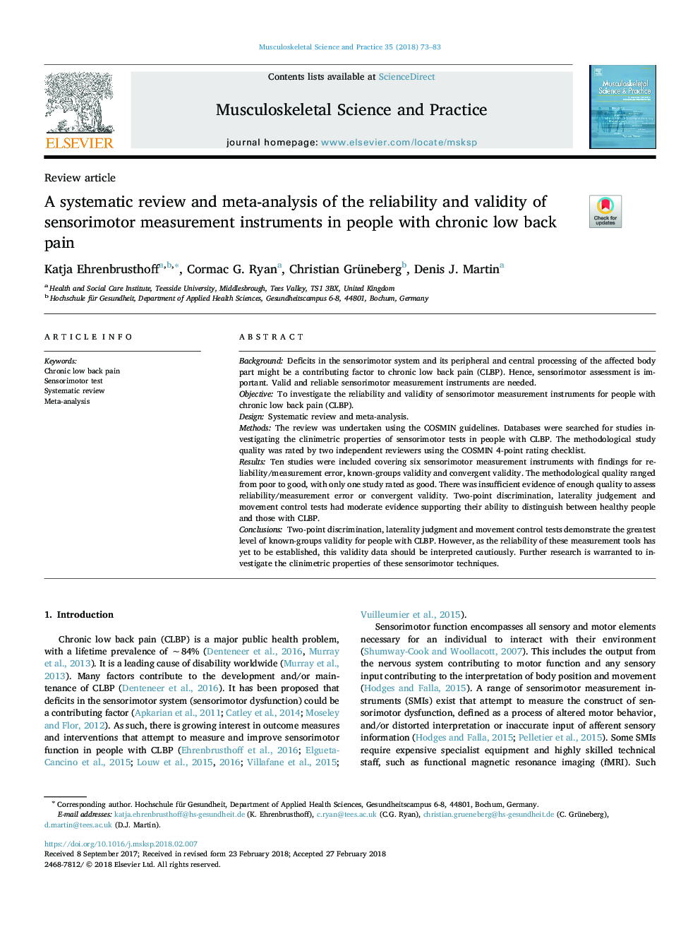 A systematic review and meta-analysis of the reliability and validity of sensorimotor measurement instruments in people with chronic low back pain