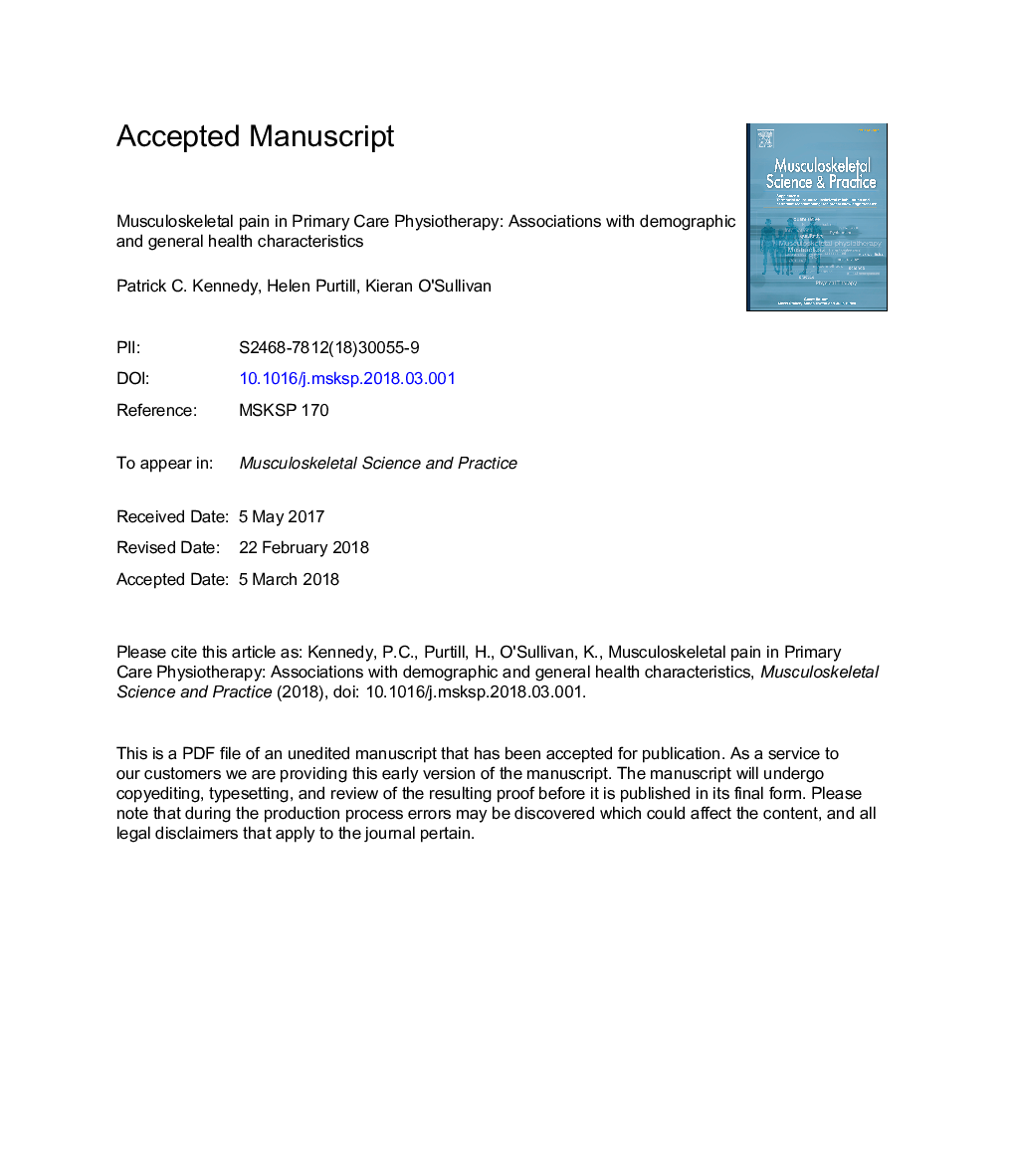 Musculoskeletal pain in Primary Care Physiotherapy: Associations with demographic and general health characteristics