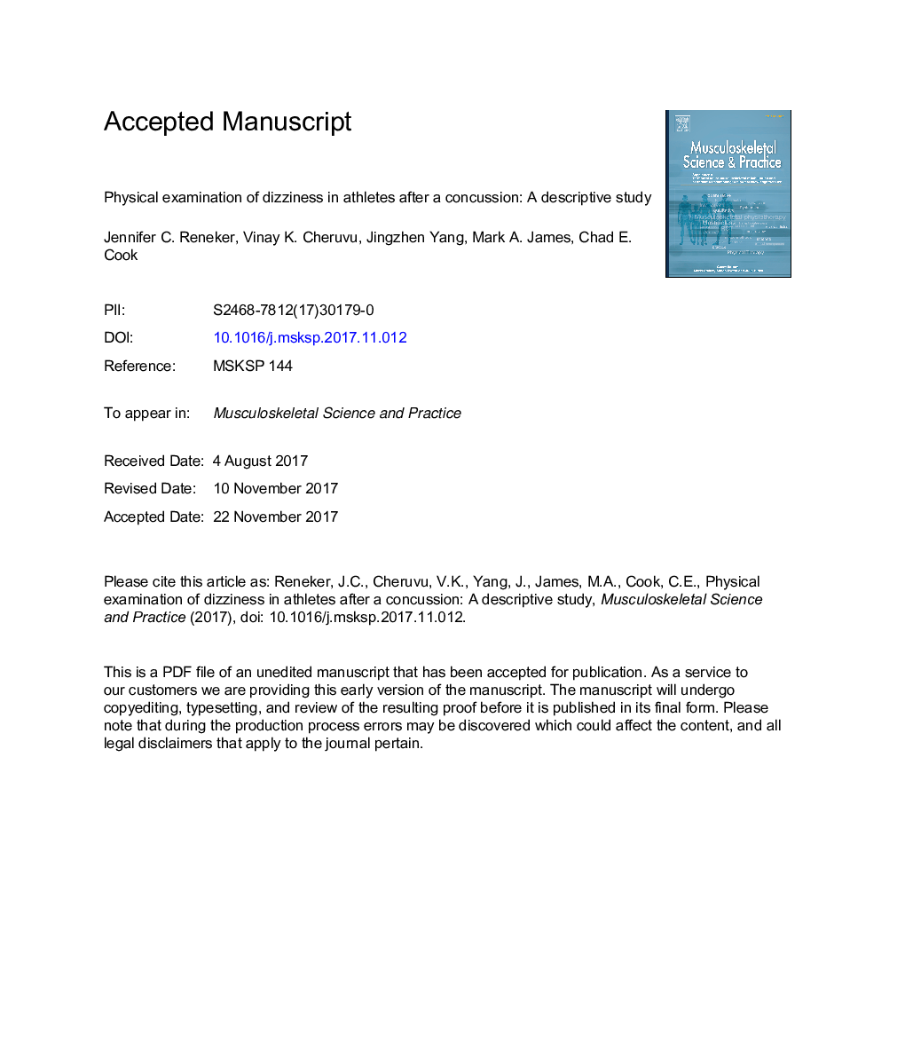 Physical examination of dizziness in athletes after a concussion: A descriptive study