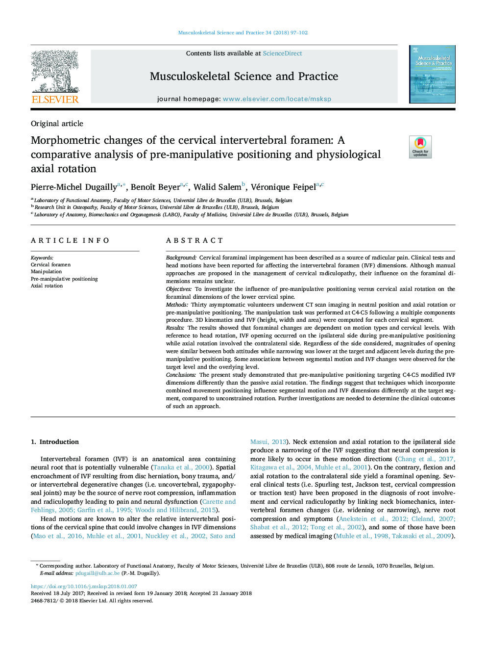 Morphometric changes of the cervical intervertebral foramen: A comparative analysis of pre-manipulative positioning and physiological axial rotation