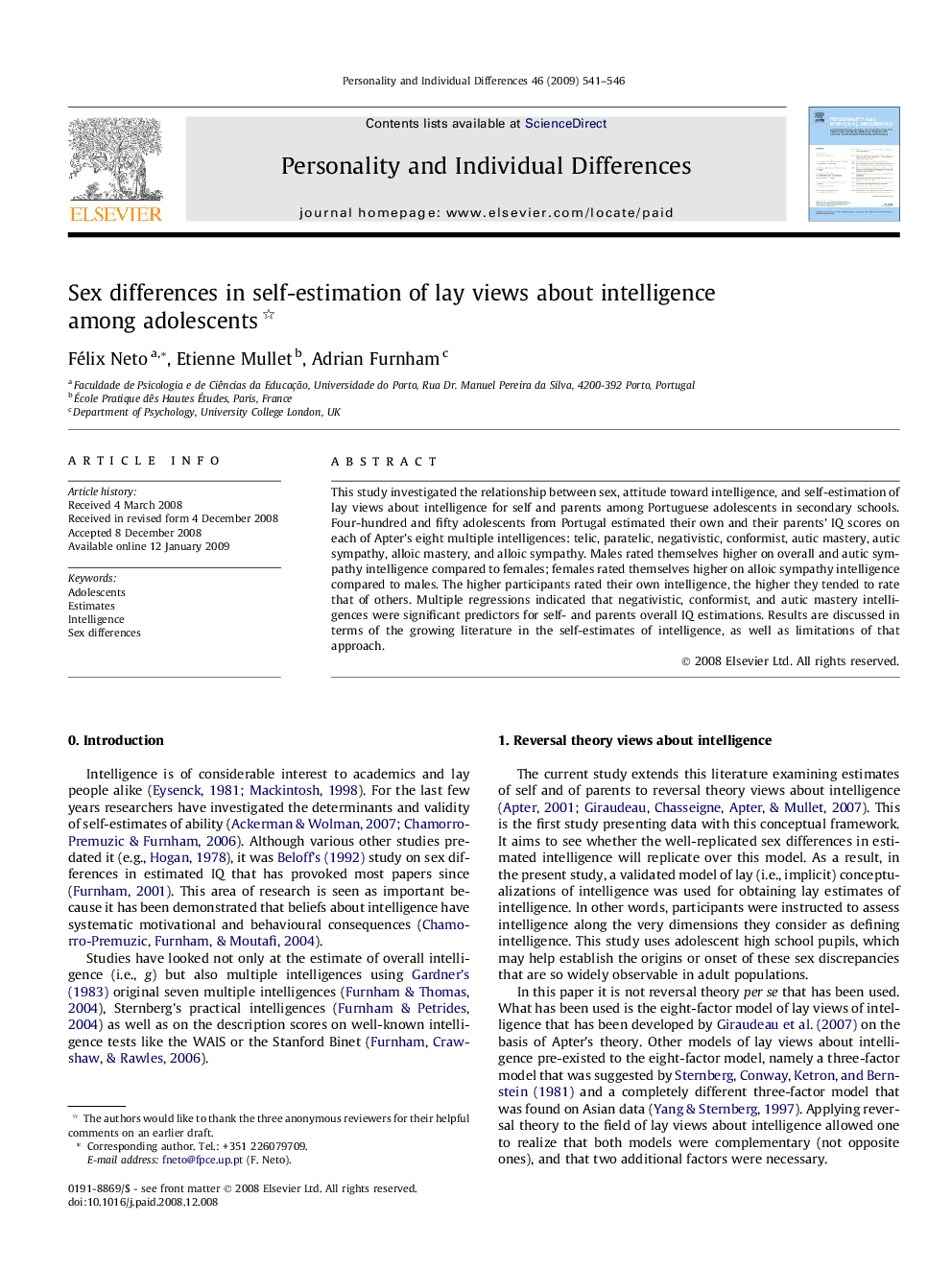 Sex differences in self-estimation of lay views about intelligence among adolescents 