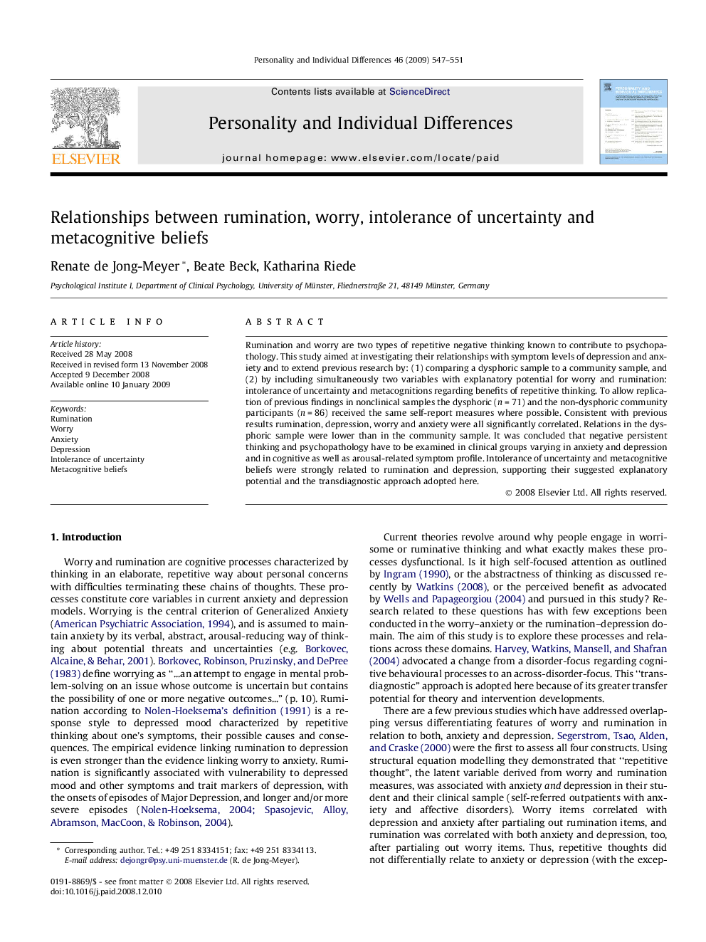 Relationships between rumination, worry, intolerance of uncertainty and metacognitive beliefs