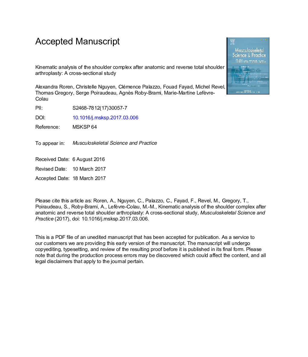 Kinematic analysis of the shoulder complex after anatomic and reverse total shoulder arthroplasty: A cross-sectional study