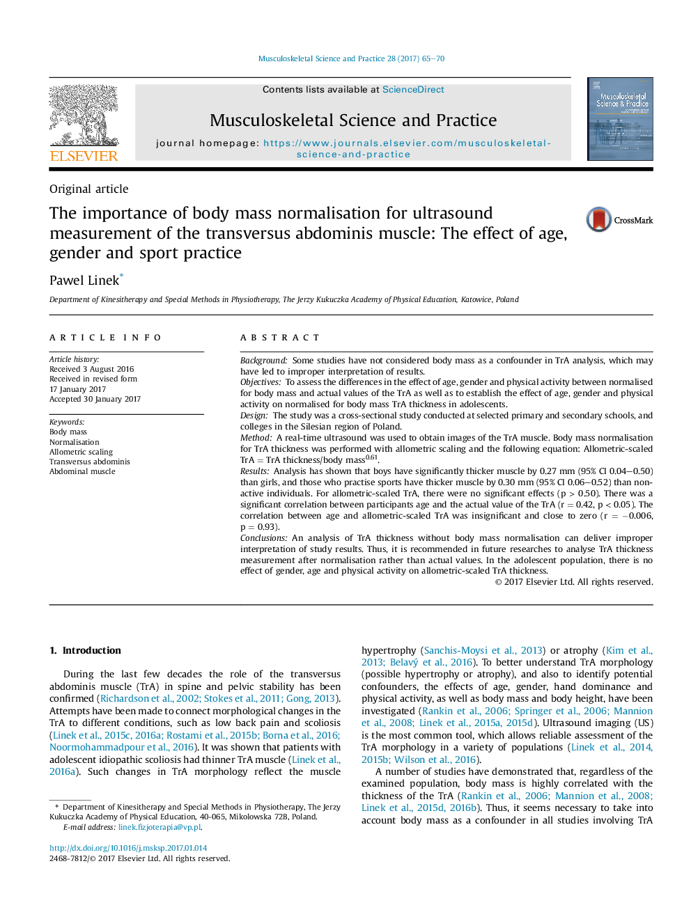 The importance of body mass normalisation for ultrasound measurement of the transversus abdominis muscle: The effect of age, gender and sport practice