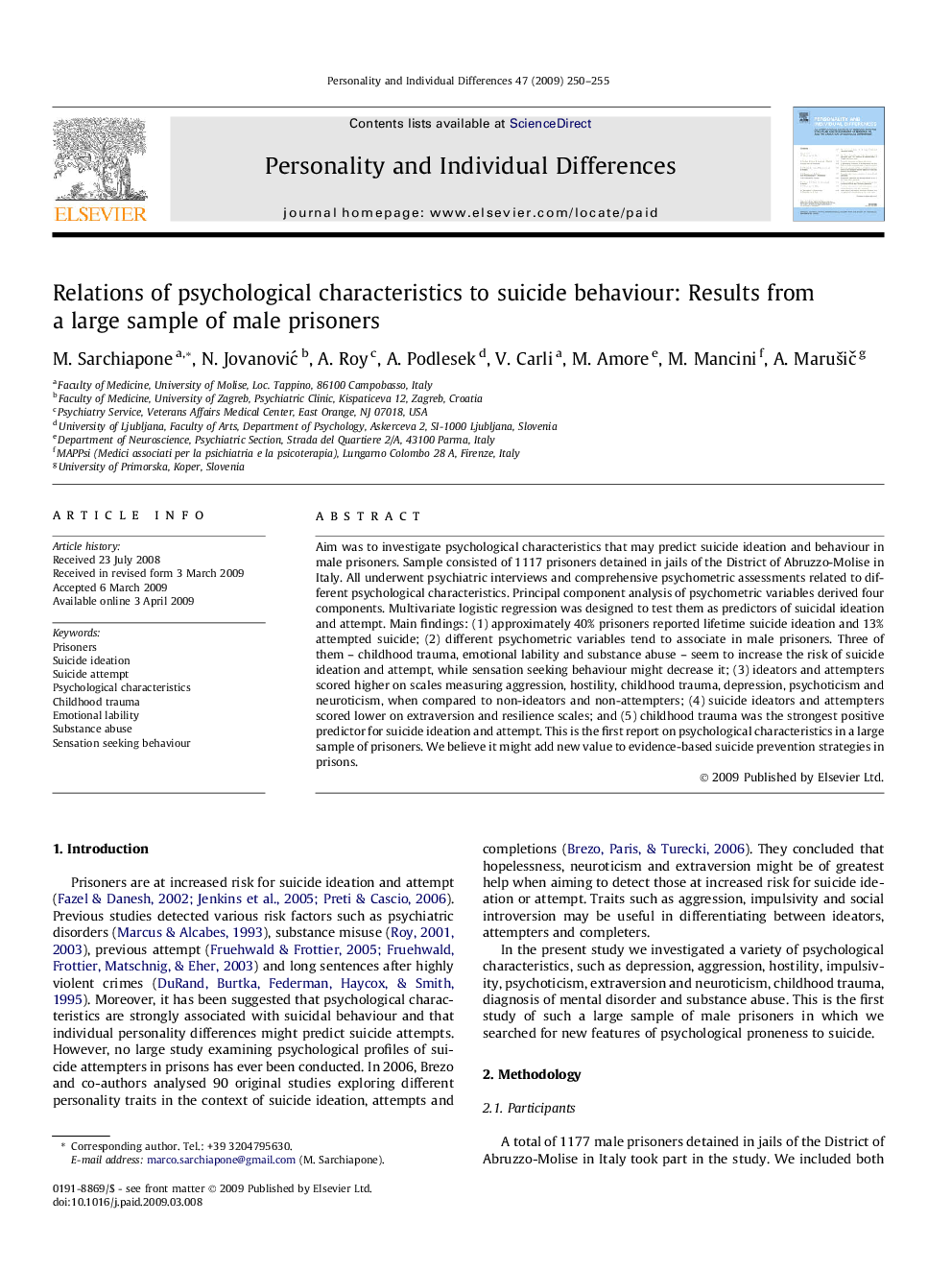 Relations of psychological characteristics to suicide behaviour: Results from a large sample of male prisoners