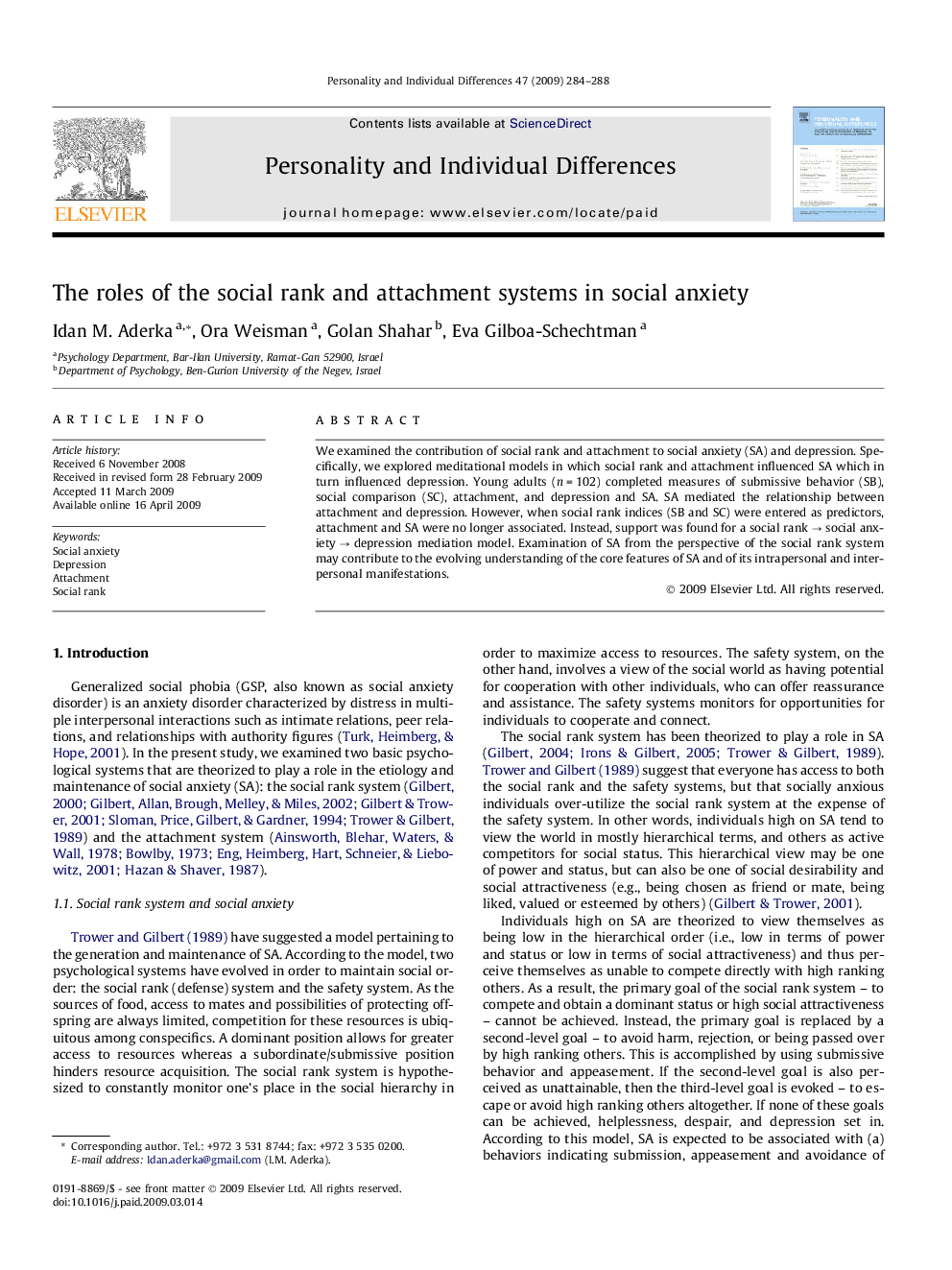 The roles of the social rank and attachment systems in social anxiety