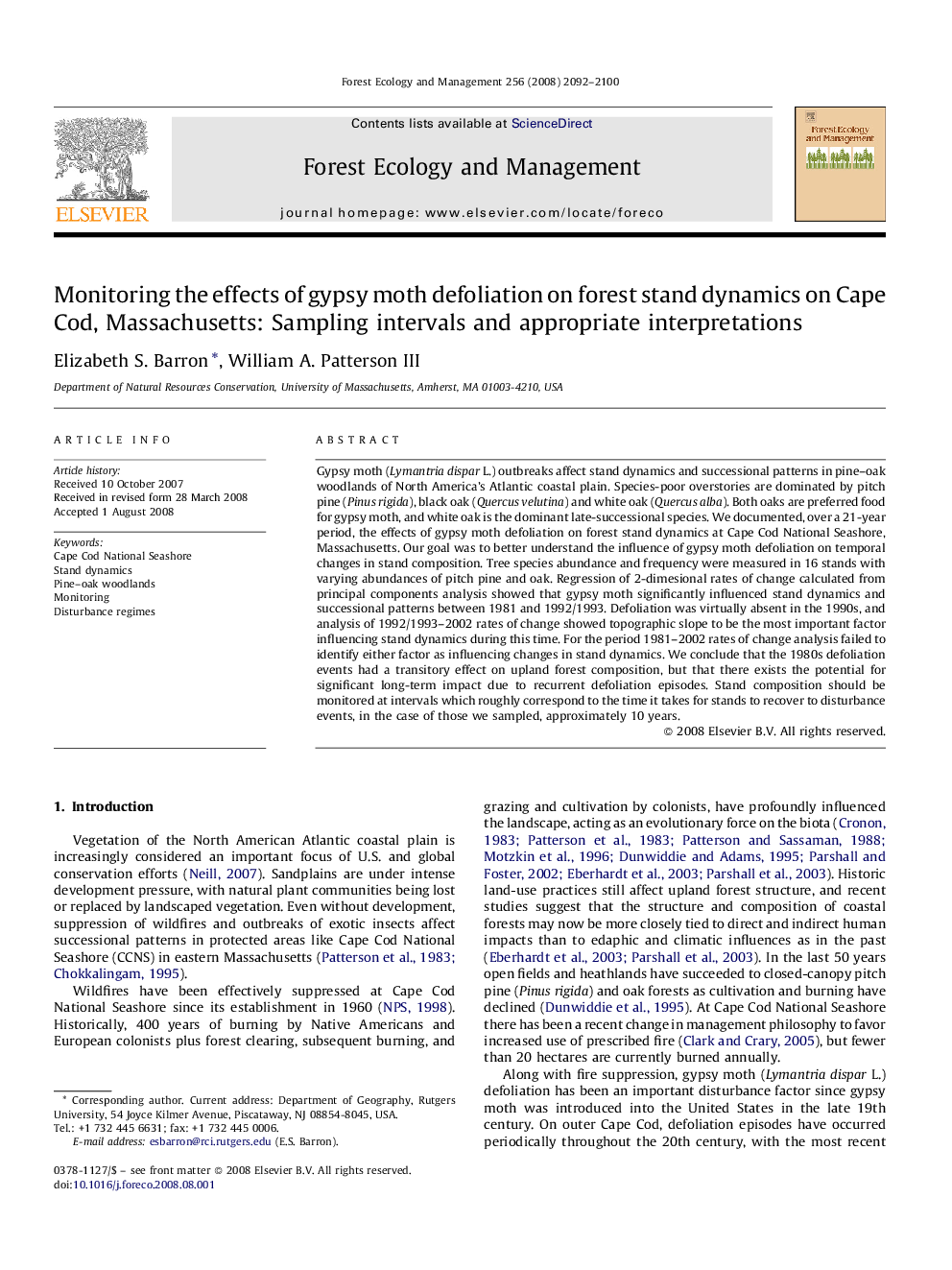 عکس صفحه اول مقاله: Monitoring the effects of gypsy moth defoliation on forest stand dynamics on Cape Cod, Massachusetts: Sampling intervals and appropriate interpretations Monitoring the effects of gypsy moth defoliation on forest stand dynamics on Cape Cod, Massachusetts: Sampling intervals and appropriate interpretations