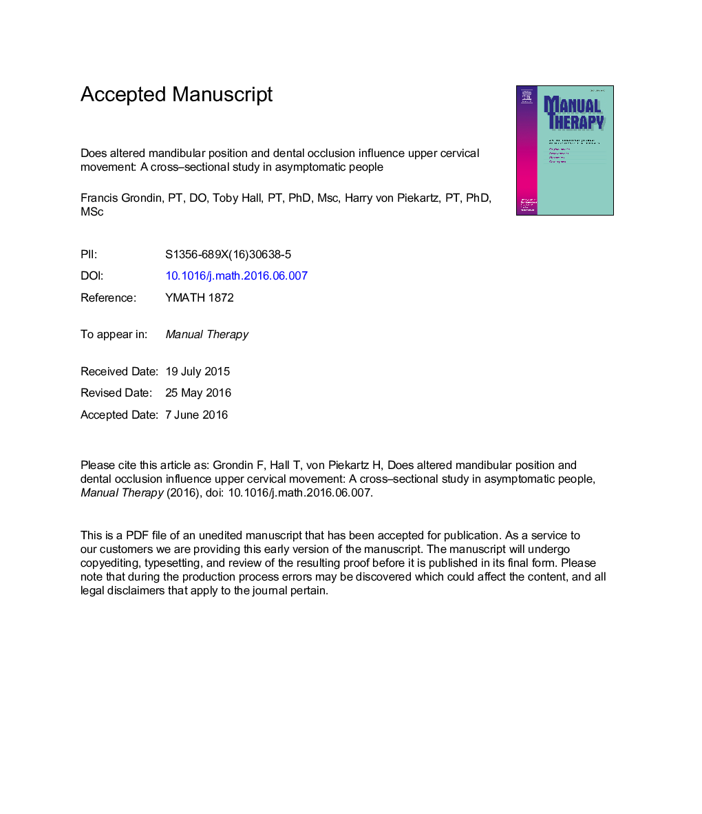 Does altered mandibular position and dental occlusion influence upper cervical movement: A cross-sectional study in asymptomatic people