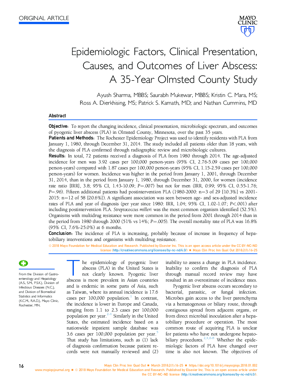 Epidemiologic Factors, Clinical Presentation, Causes, and Outcomes of Liver Abscess: A 35-Year Olmsted County Study