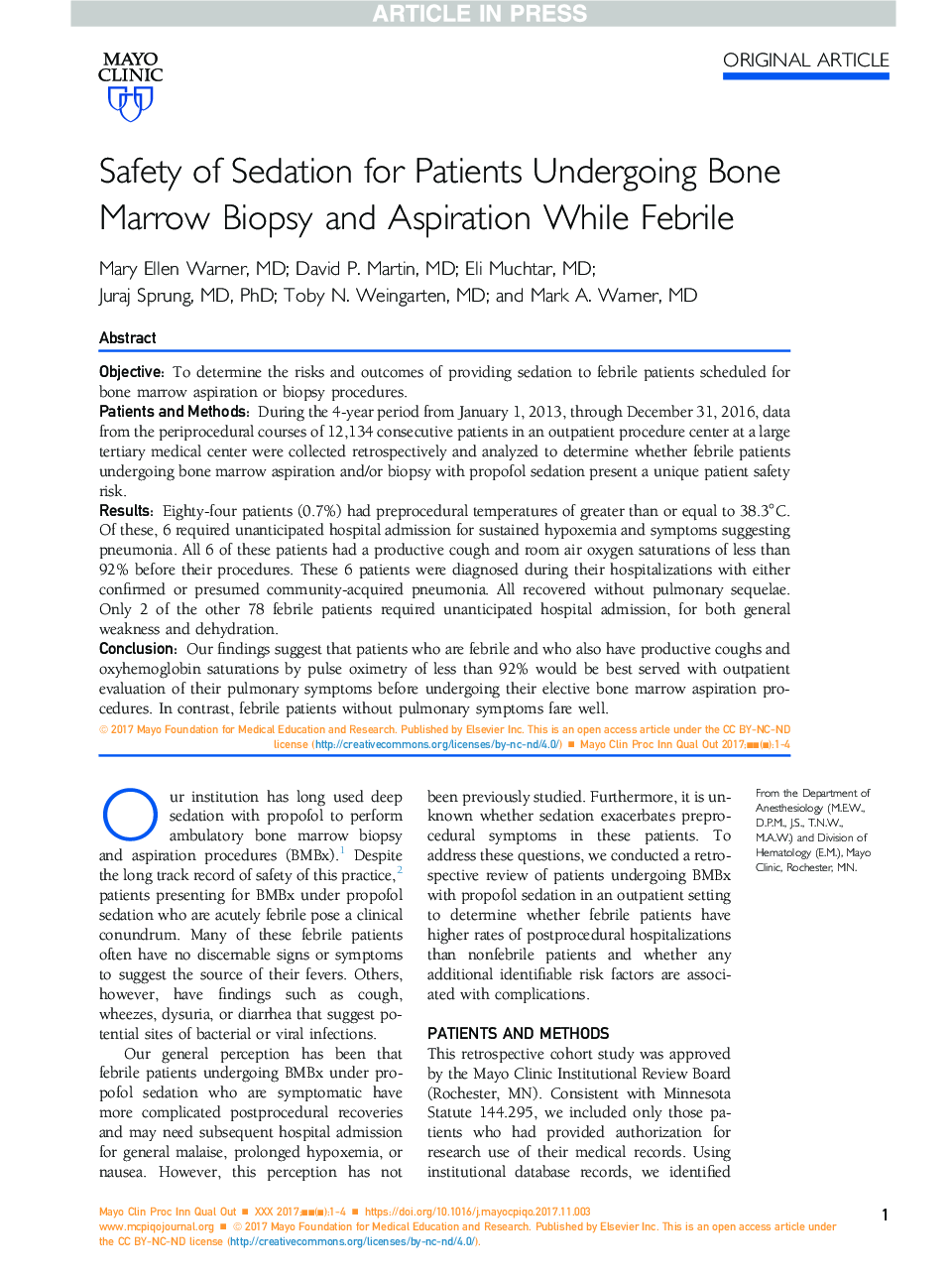 Safety of Sedation for Patients Undergoing Bone Marrow Biopsy and Aspiration While Febrile