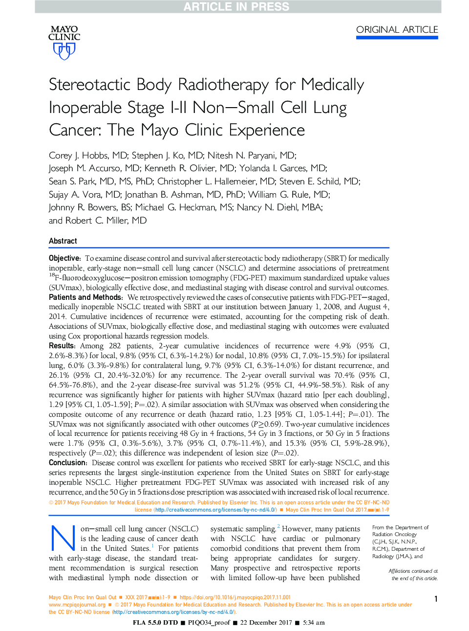 Stereotactic Body Radiotherapy for Medically Inoperable Stage I-II Non-Small Cell Lung Cancer: The Mayo Clinic Experience