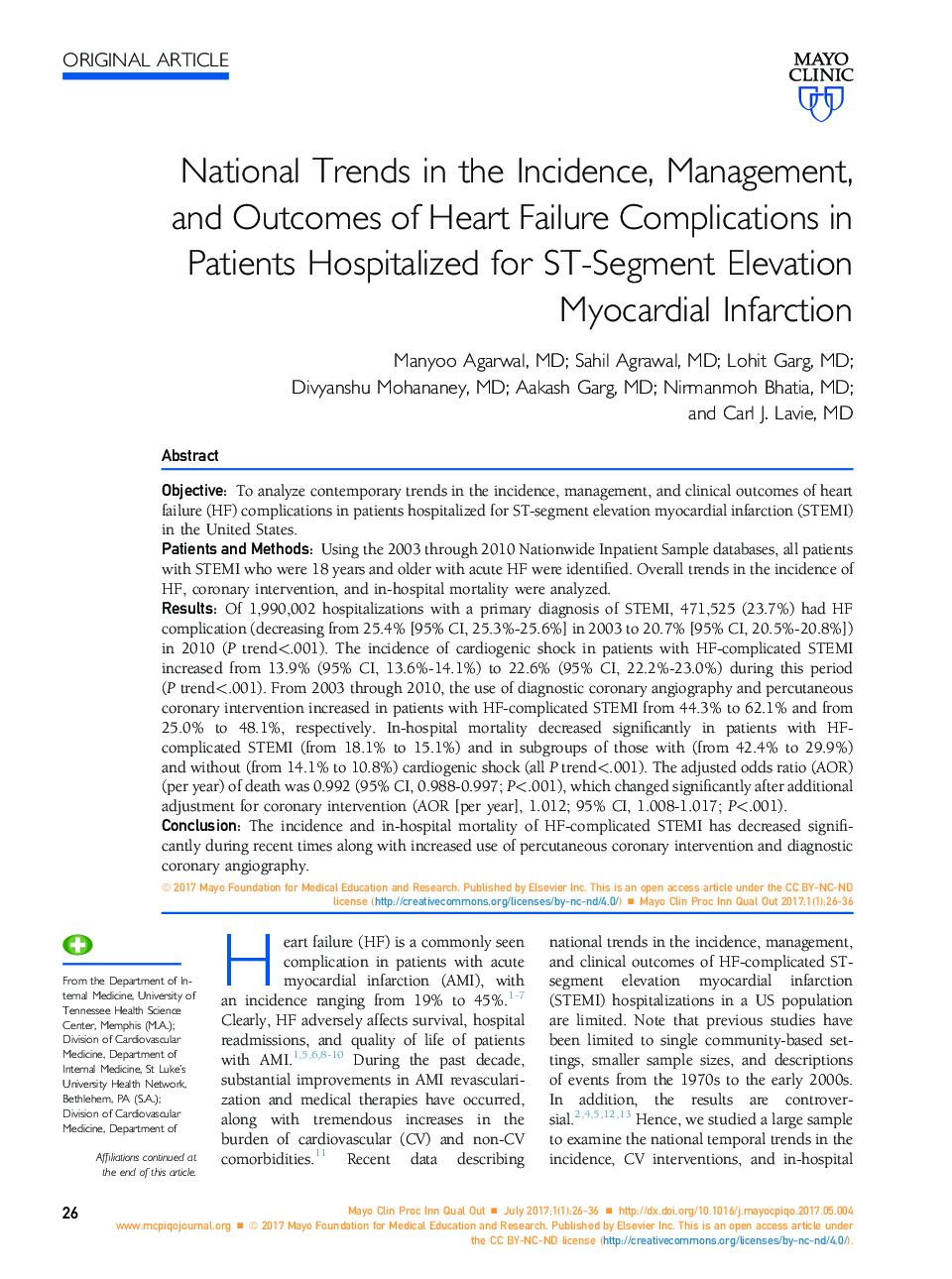 National Trends in the Incidence, Management, and Outcomes of Heart Failure Complications in Patients Hospitalized for ST-Segment Elevation Myocardial Infarction