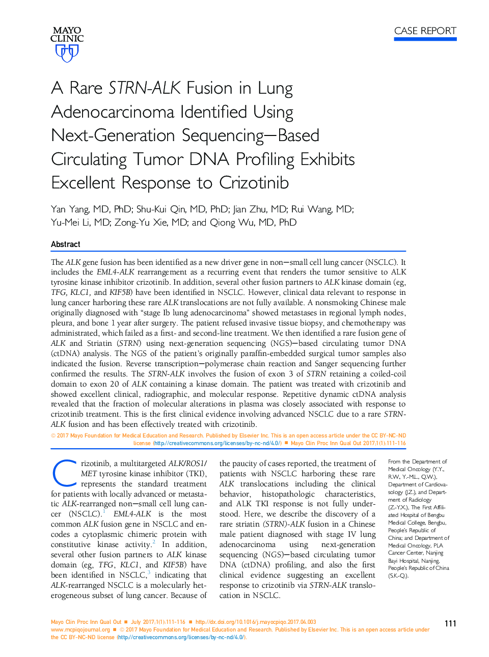 A Rare STRN-ALK Fusion in Lung Adenocarcinoma Identified Using Next-Generation Sequencing-Based Circulating Tumor DNA Profiling Exhibits Excellent Response to Crizotinib