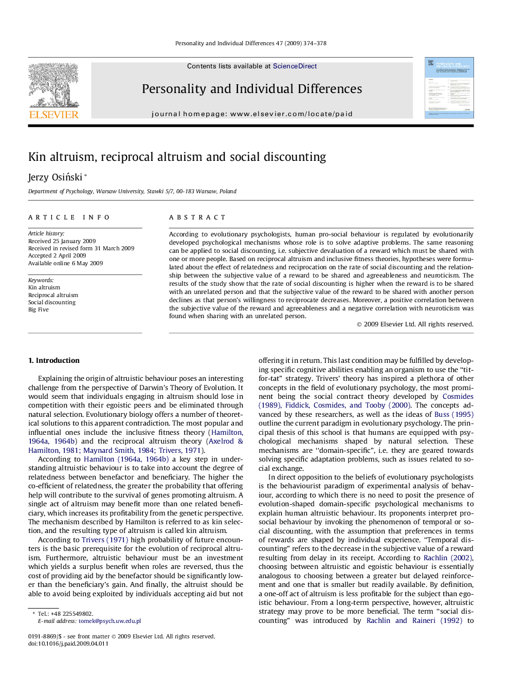 Kin altruism, reciprocal altruism and social discounting