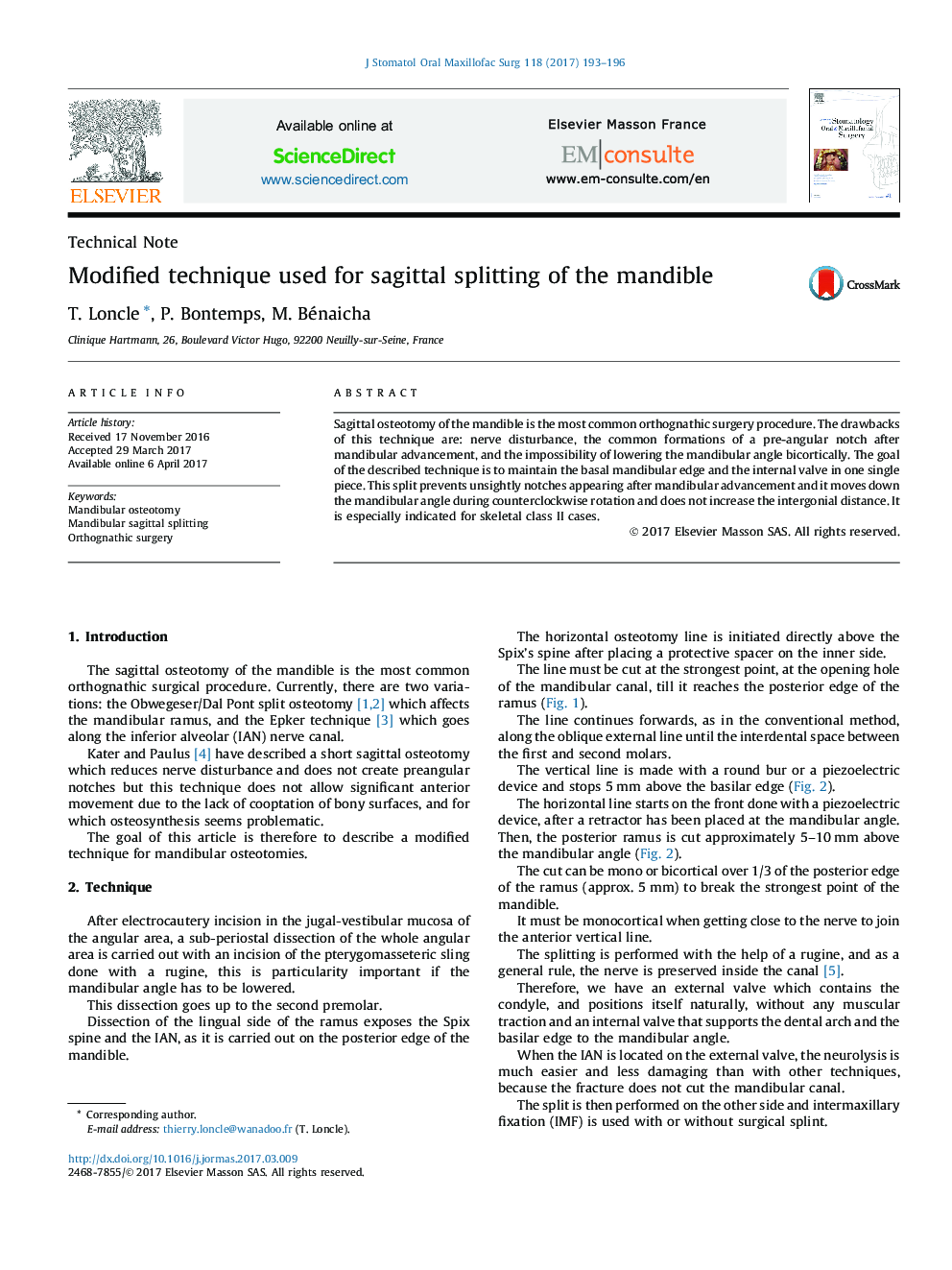 Modified technique used for sagittal splitting of the mandible