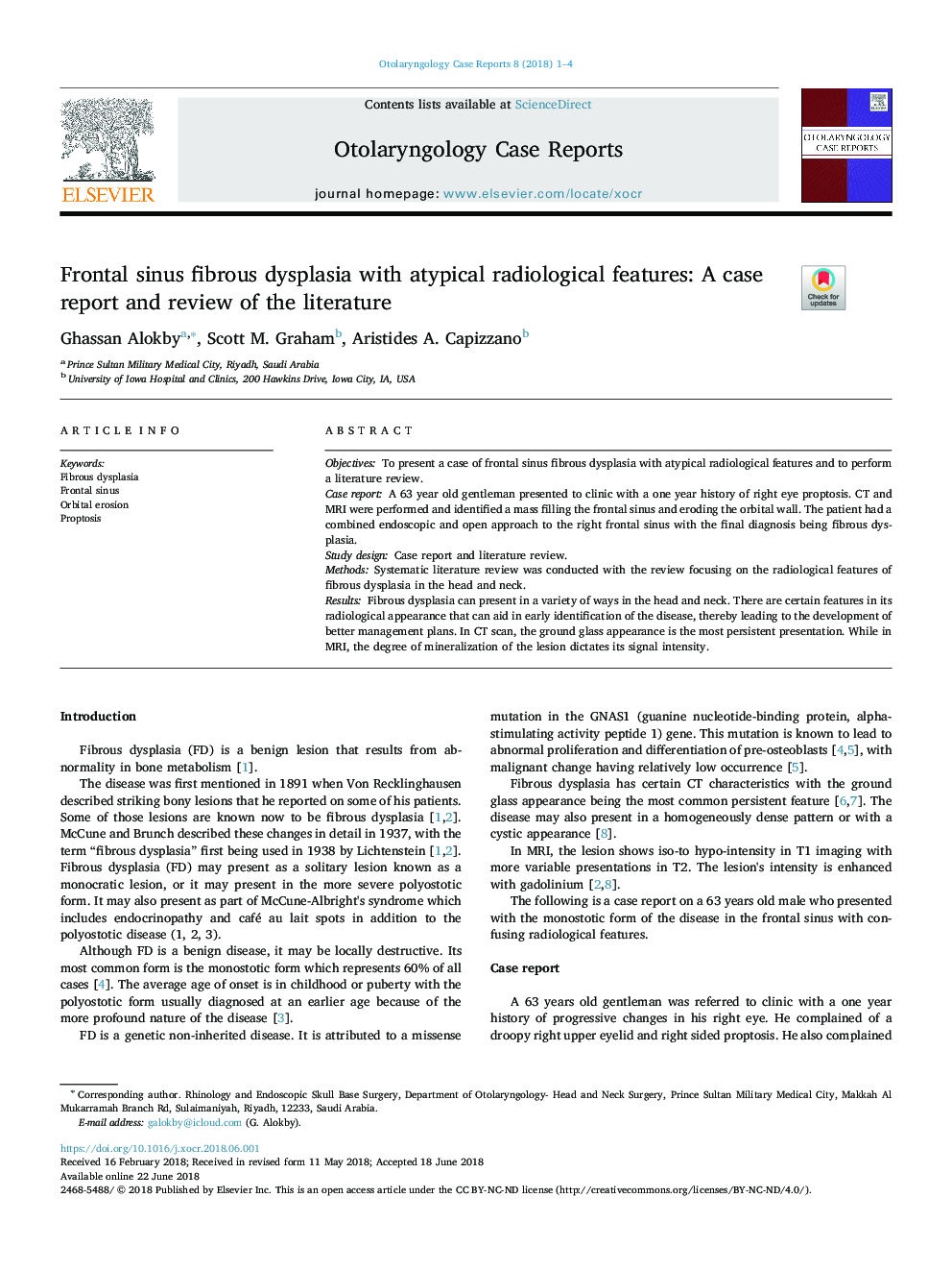 Frontal sinus fibrous dysplasia with atypical radiological features: A case report and review of the literature