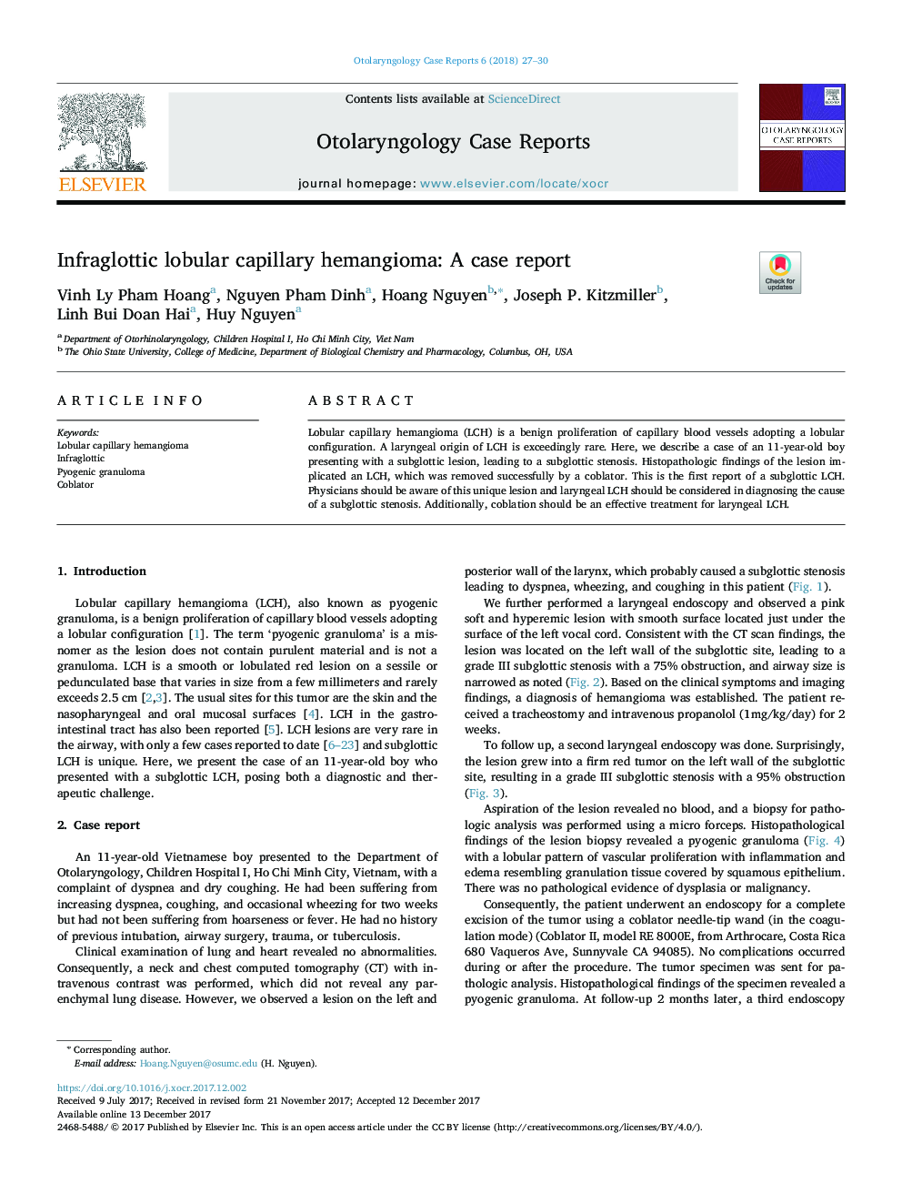 Infraglottic lobular capillary hemangioma: A case report