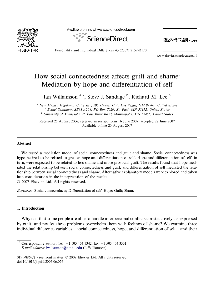 How social connectedness affects guilt and shame: Mediation by hope and differentiation of self