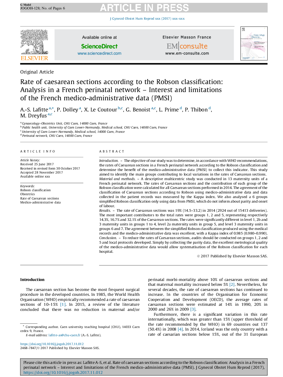 Rate of caesarean sections according to the RobsonÂ classification: Analysis in a French perinatal networkÂ -Â Interest and limitations of the French medico-administrative data (PMSI)