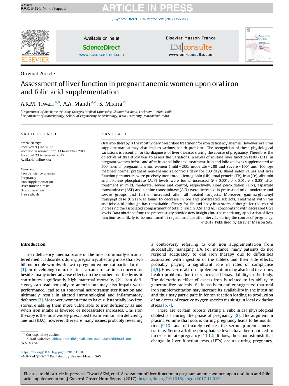 Assessment of liver function in pregnant anemic women upon oral iron and folic acid supplementation