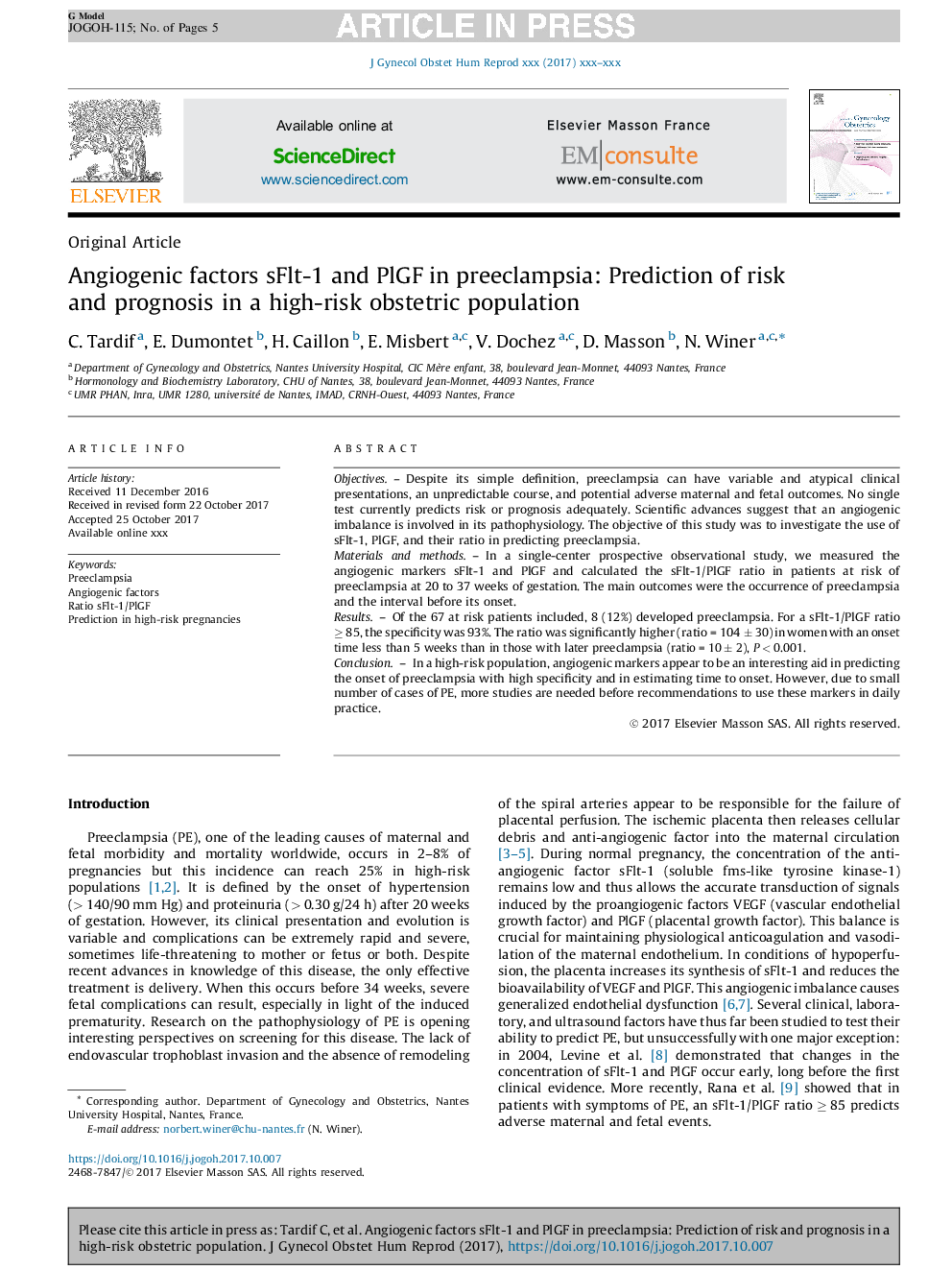 Angiogenic factors sFlt-1 and PlGF in preeclampsia: Prediction of risk and prognosis in a high-risk obstetric population