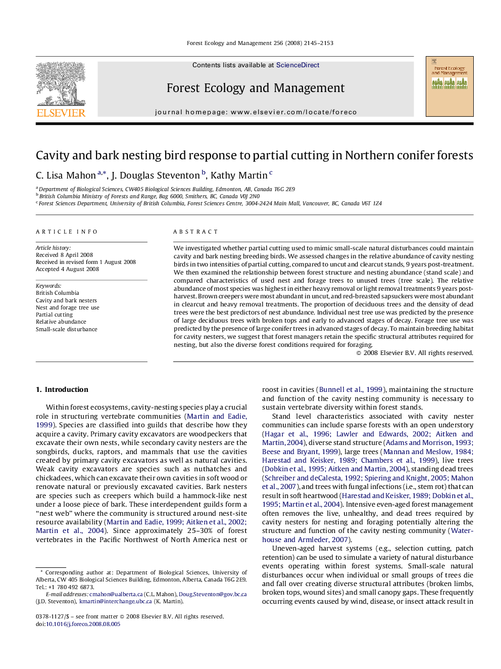 Cavity and bark nesting bird response to partial cutting in Northern conifer forests