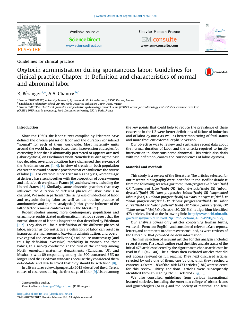 عکس صفحه اول مقاله: Oxytocin administration during spontaneous labor: Guidelines for clinical practice. Chapter 1: Definition and characteristics of normal and abnormal labor Oxytocin administration during spontaneous labor: Guidelines for clinical practice. Chapter 1: Definition and characteristics of normal and abnormal labor