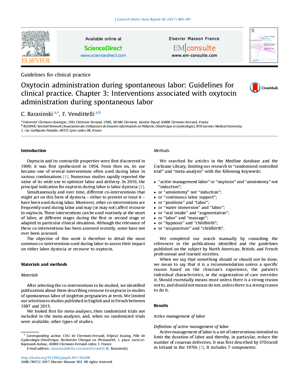 عکس صفحه اول مقاله: Oxytocin administration during spontaneous labor: Guidelines for clinical practice. Chapter 3: Interventions associated with oxytocin administration during spontaneous labor Oxytocin administration during spontaneous labor: Guidelines for clinical practice. Chapter 3: Interventions associated with oxytocin administration during spontaneous labor