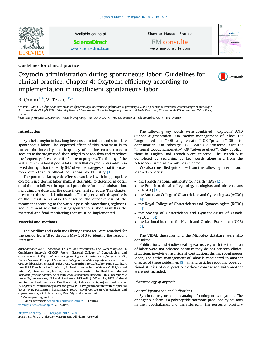 Oxytocin administration during spontaneous labor: Guidelines for clinical practice. Chapter 4: Oxytocin efficiency according to implementation in insufficient spontaneous labor