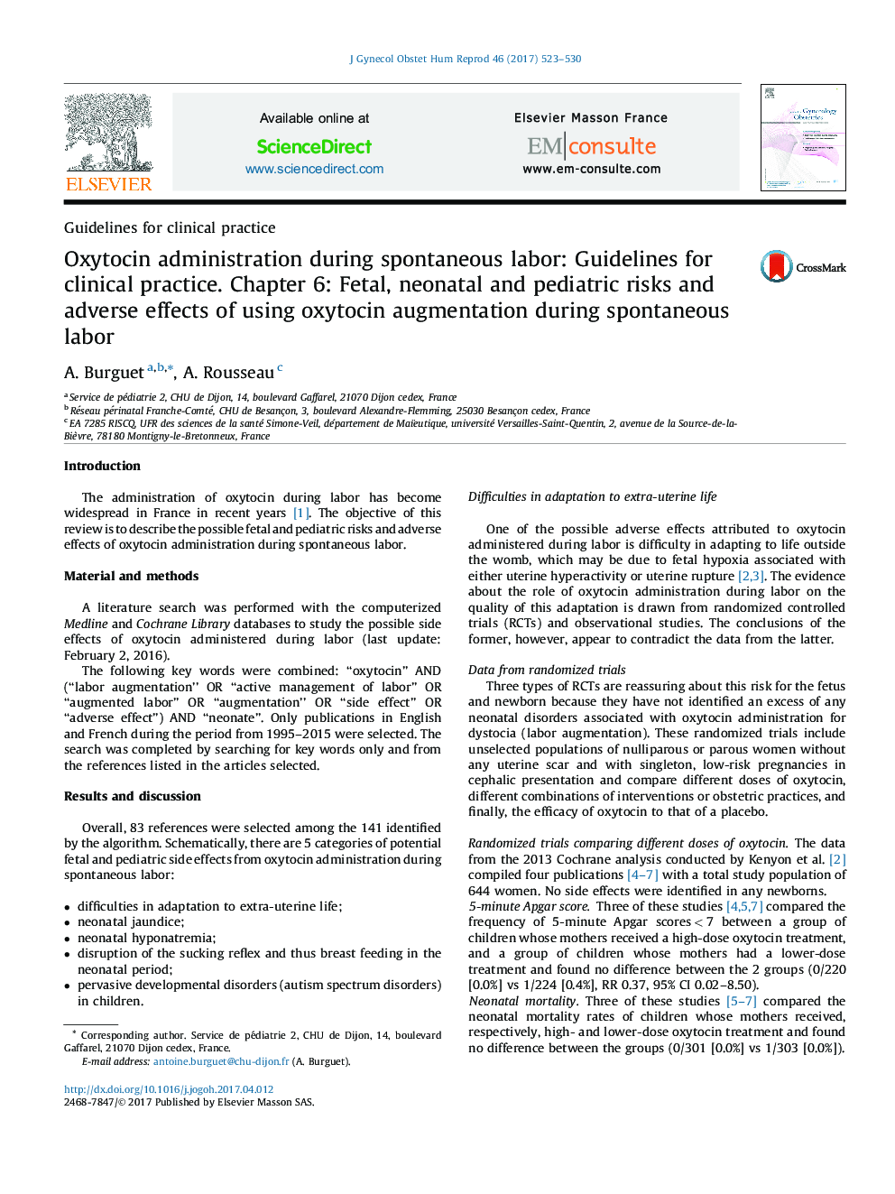 عکس صفحه اول مقاله: Oxytocin administration during spontaneous labor: Guidelines for clinical practice. Chapter 6: Fetal, neonatal and pediatric risks and adverse effects of using oxytocin augmentation during spontaneous labor Oxytocin administration during spontaneous labor: Guidelines for clinical practice. Chapter 6: Fetal, neonatal and pediatric risks and adverse effects of using oxytocin augmentation during spontaneous labor