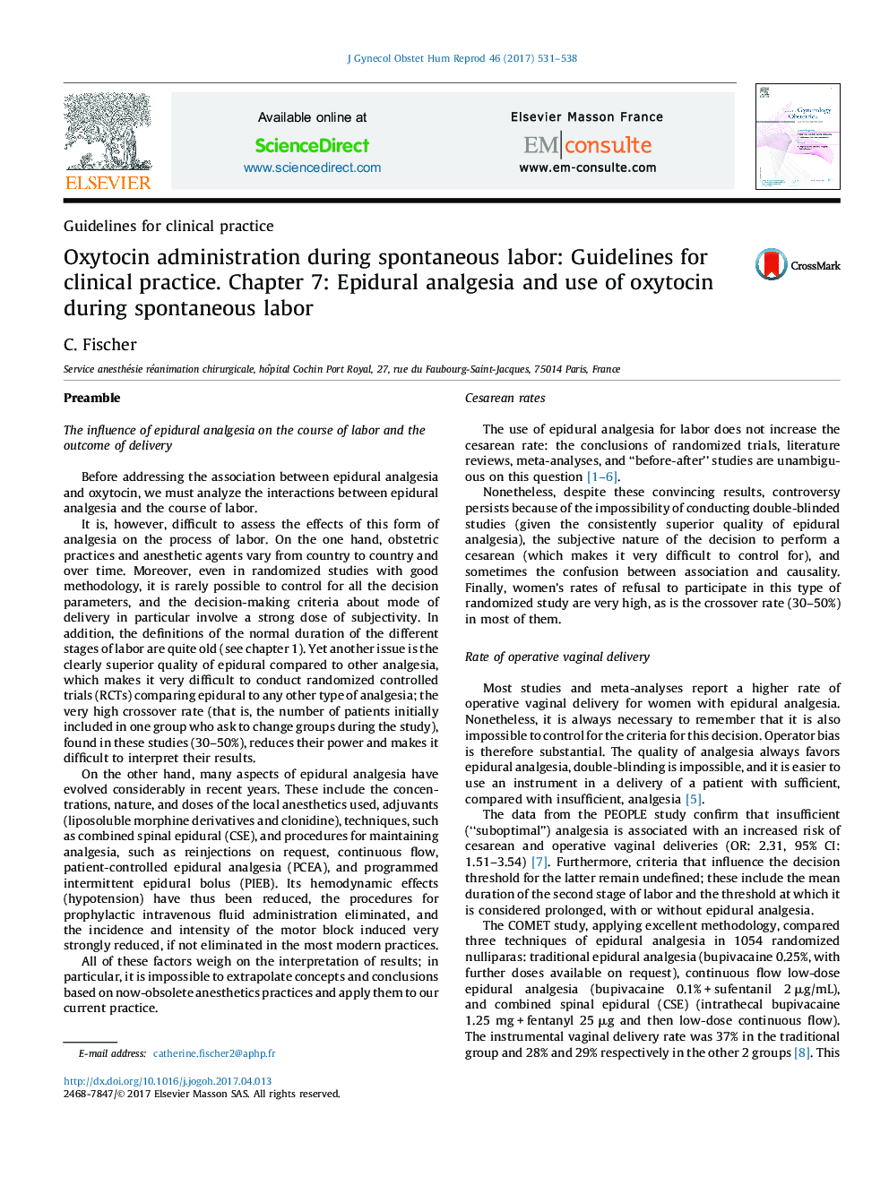 عکس صفحه اول مقاله: Oxytocin administration during spontaneous labor: Guidelines for clinical practice. Chapter 7: Epidural analgesia and use of oxytocin during spontaneous labor Oxytocin administration during spontaneous labor: Guidelines for clinical practice. Chapter 7: Epidural analgesia and use of oxytocin during spontaneous labor