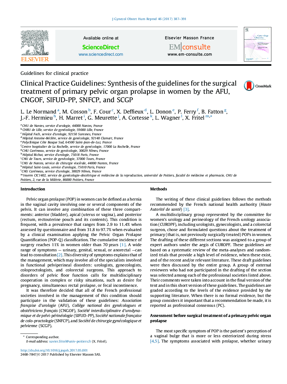 عکس صفحه اول مقاله: Clinical Practice Guidelines: Synthesis of the guidelines for the surgical treatment of primary pelvic organ prolapse in women by the AFU, CNGOF, SIFUD-PP, SNFCP, and SCGP Clinical Practice Guidelines: Synthesis of the guidelines for the surgical treatment of primary pelvic organ prolapse in women by the AFU, CNGOF, SIFUD-PP, SNFCP, and SCGP