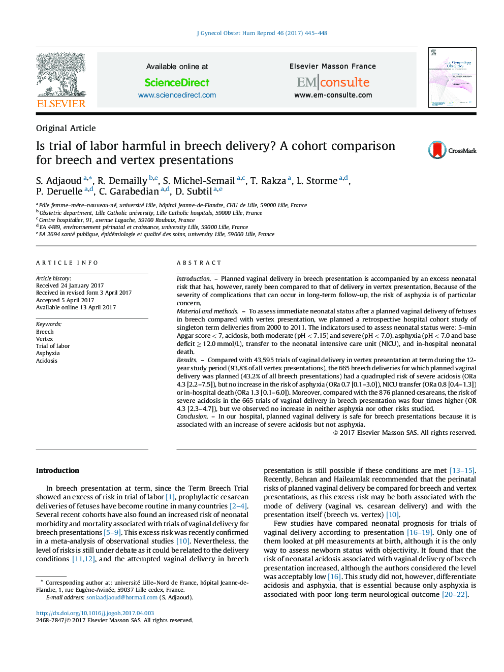 Is trial of labor harmful in breech delivery? A cohort comparison for breech and vertex presentations