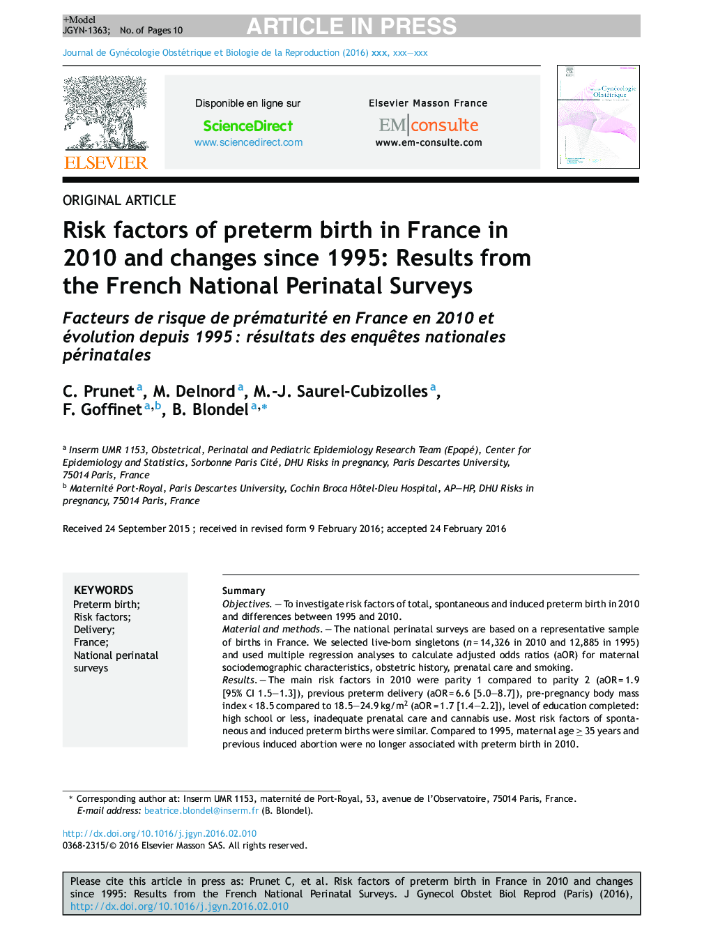 عوامل خطر زایمان زودرس در فرانسه در سال 2010 و تغییرات از سال 1995: نتایج بررسی ملی پریناتال فرانسه 