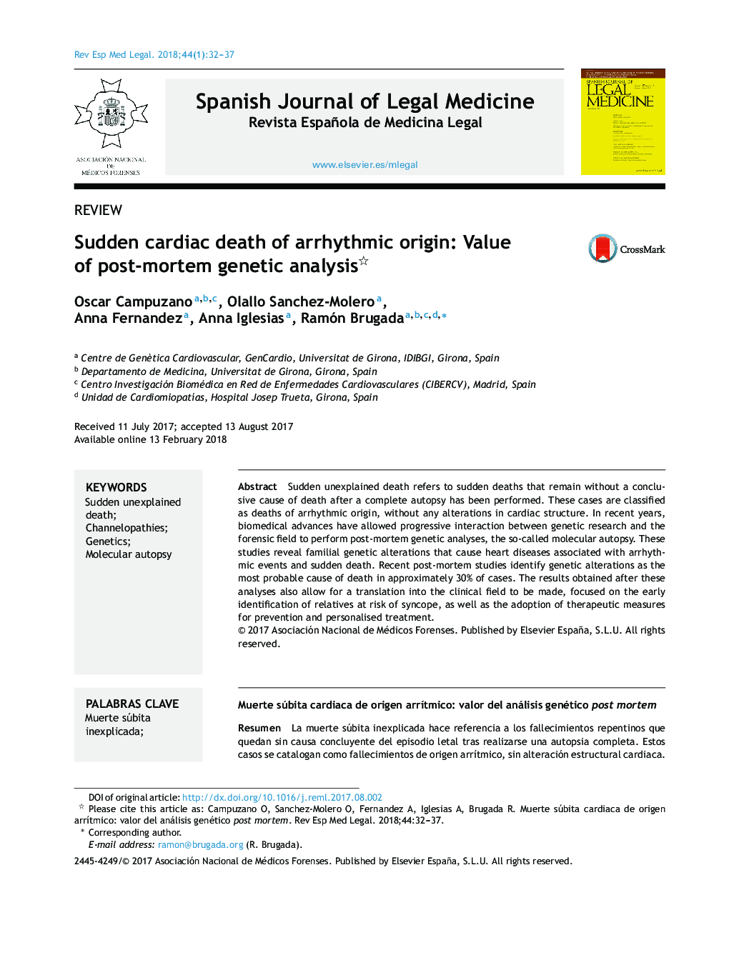 Sudden cardiac death of arrhythmic origin: Value of post-mortem genetic analysis