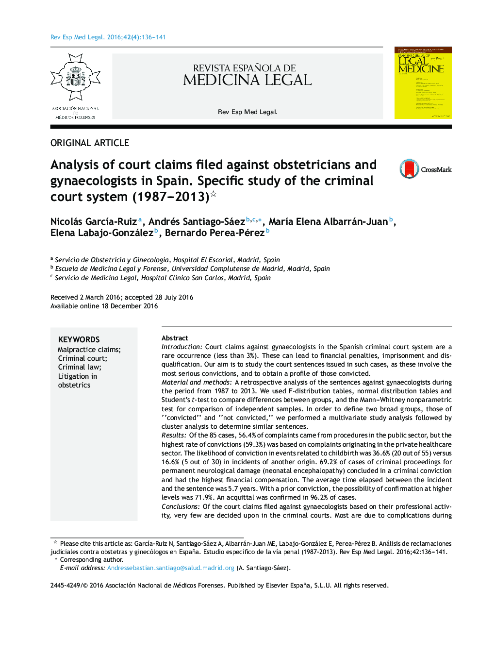 Analysis of court claims filed against obstetricians and gynaecologists in Spain. Specific study of the criminal court system (1987-2013)