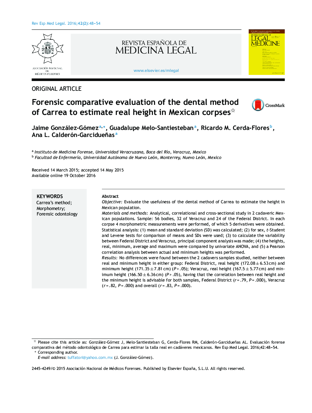 Forensic comparative evaluation of the dental method of Carrea to estimate real height in Mexican corpses