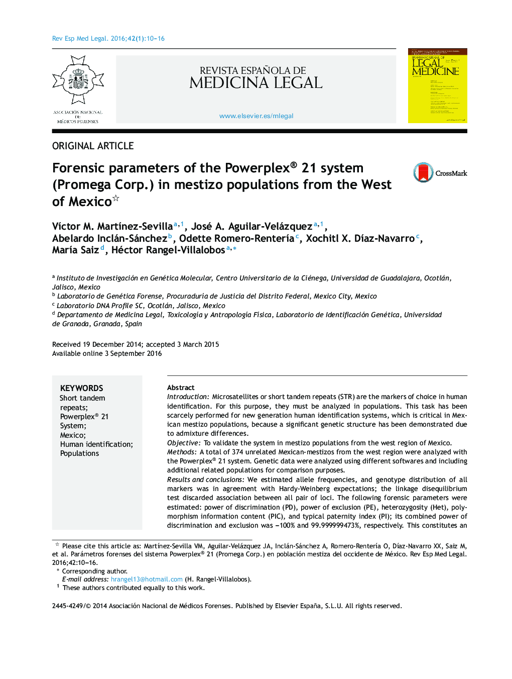 Forensic parameters of the Powerplex® 21 system (Promega Corp.) in mestizo populations from the West of Mexico