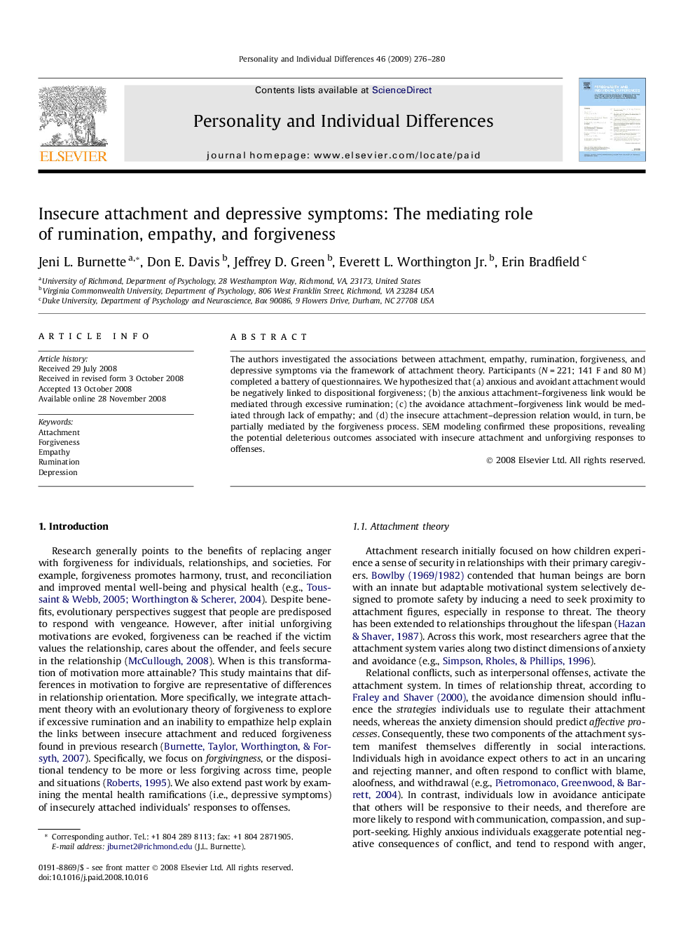 Insecure attachment and depressive symptoms: The mediating role of rumination, empathy, and forgiveness