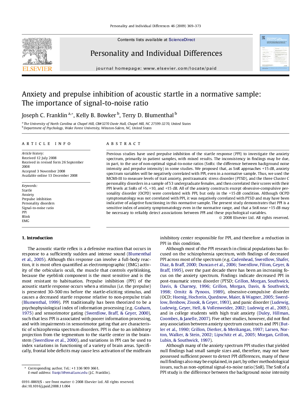 Anxiety and prepulse inhibition of acoustic startle in a normative sample: The importance of signal-to-noise ratio