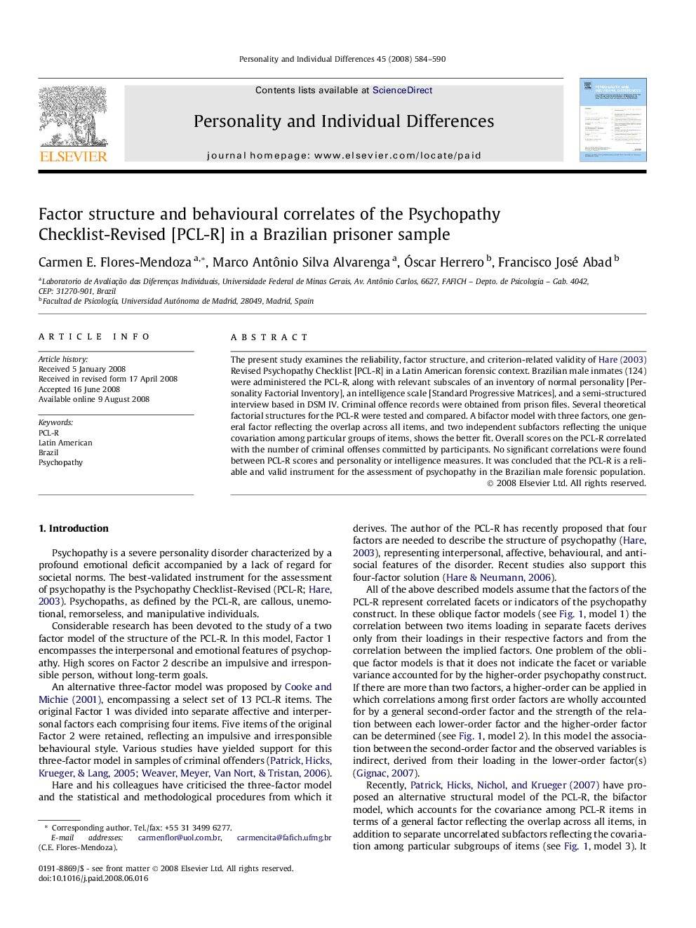 Factor structure and behavioural correlates of the Psychopathy Checklist-Revised [PCL-R] in a Brazilian prisoner sample