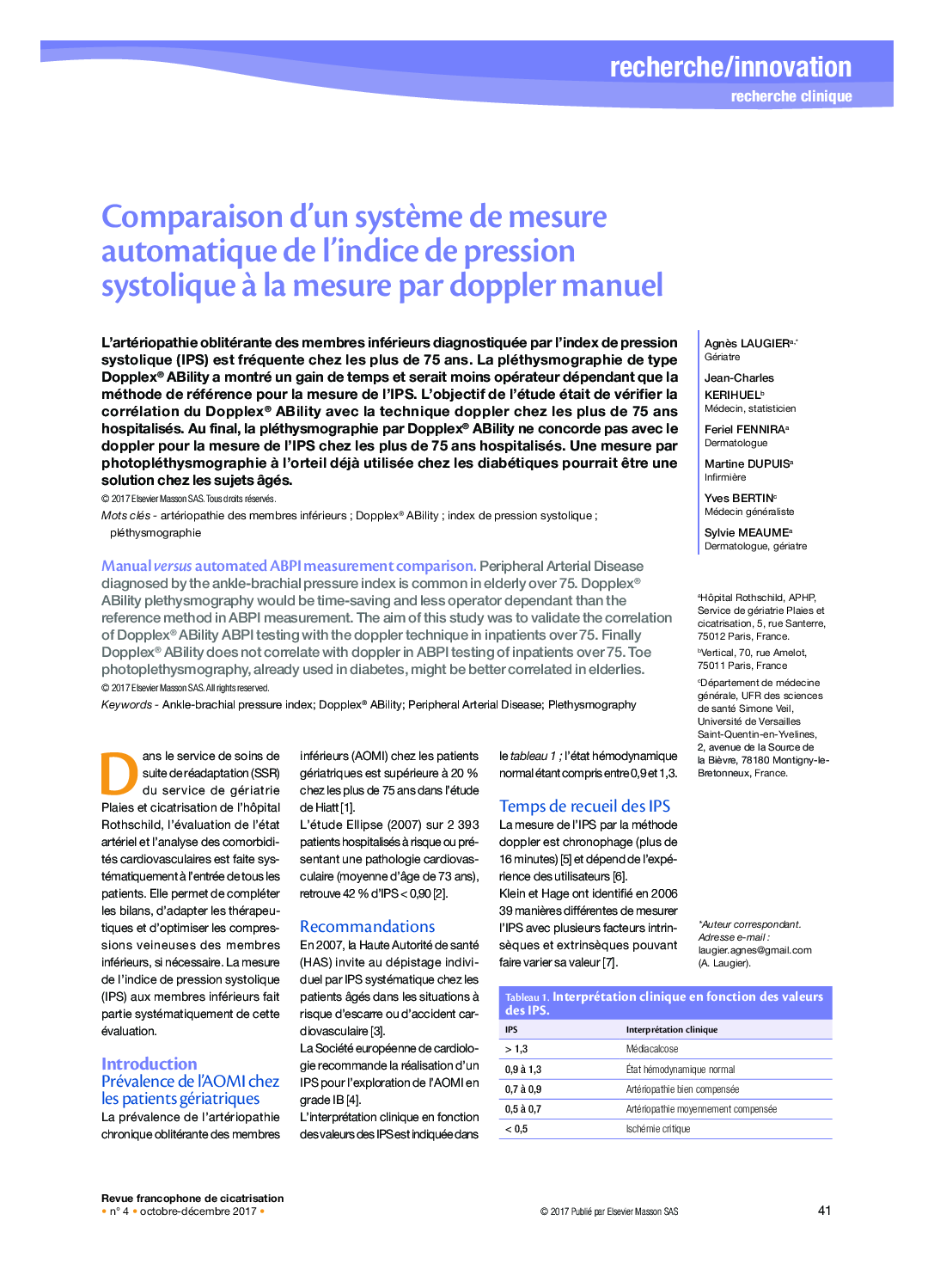 Comparaison d'un systÃ¨me de mesure automatique de l'indice de pression systolique Ã  la mesure par doppler manuel