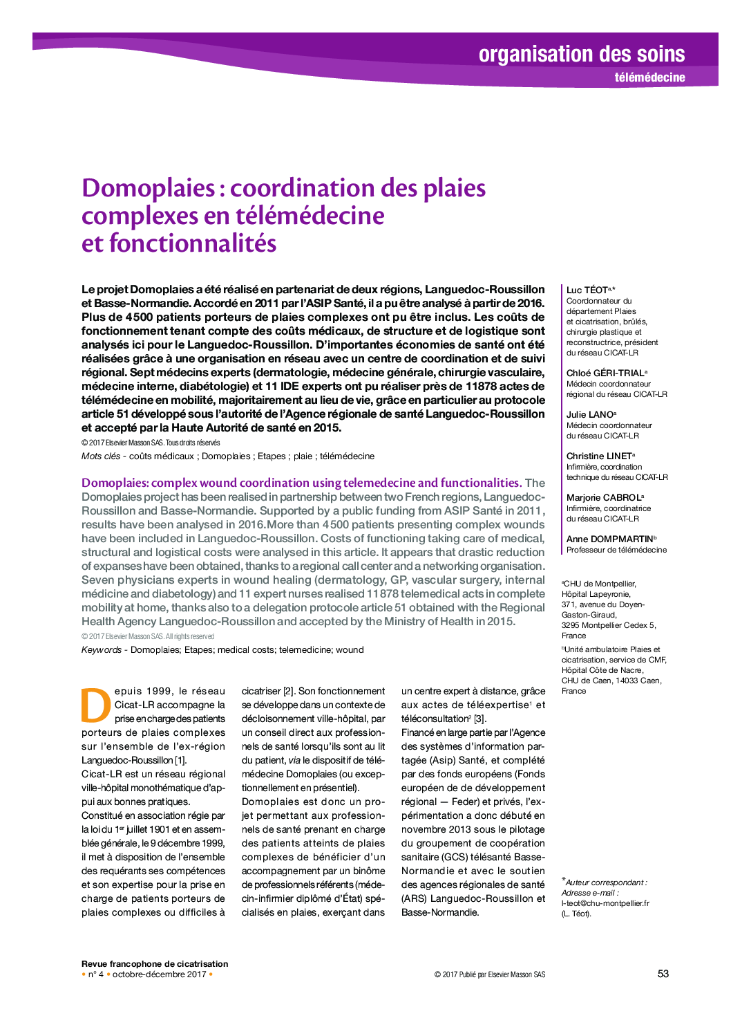 Domoplaies : coordination des plaies complexes en télémédecine et fonctionnalités