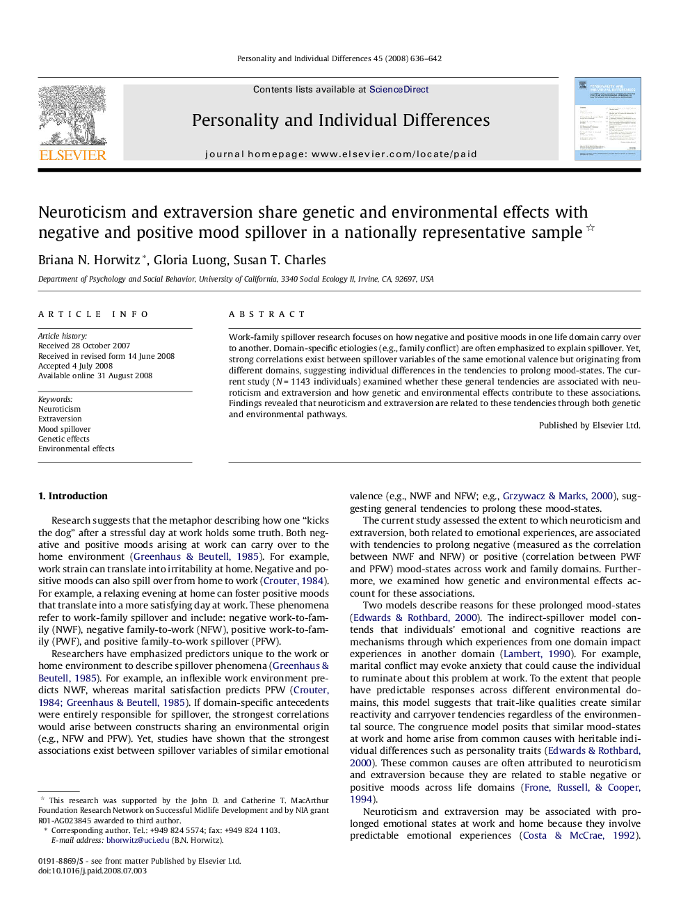 Neuroticism and extraversion share genetic and environmental effects with negative and positive mood spillover in a nationally representative sample 