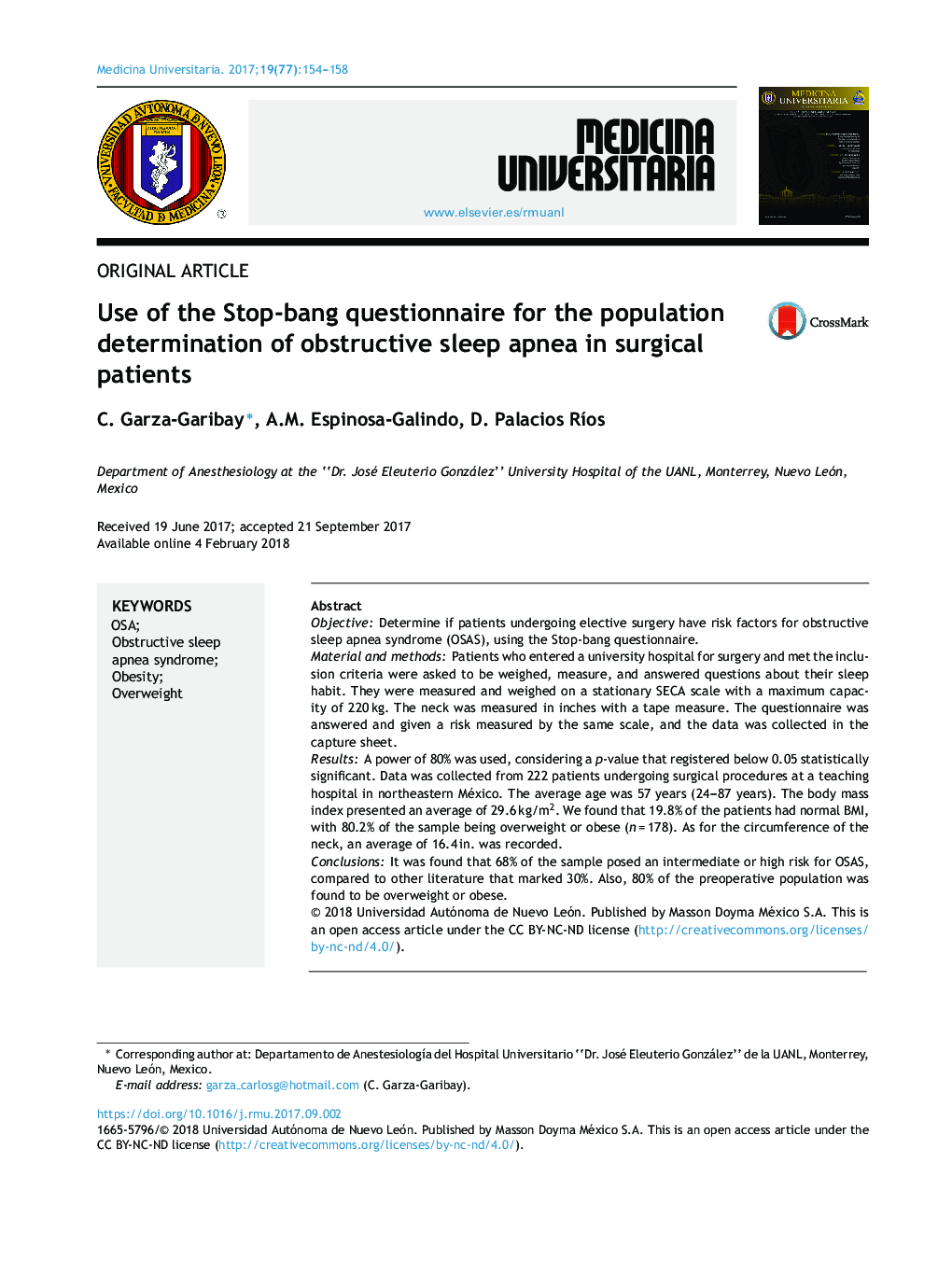 Use of the Stop-bang questionnaire for the population determination of obstructive sleep apnea in surgical patients