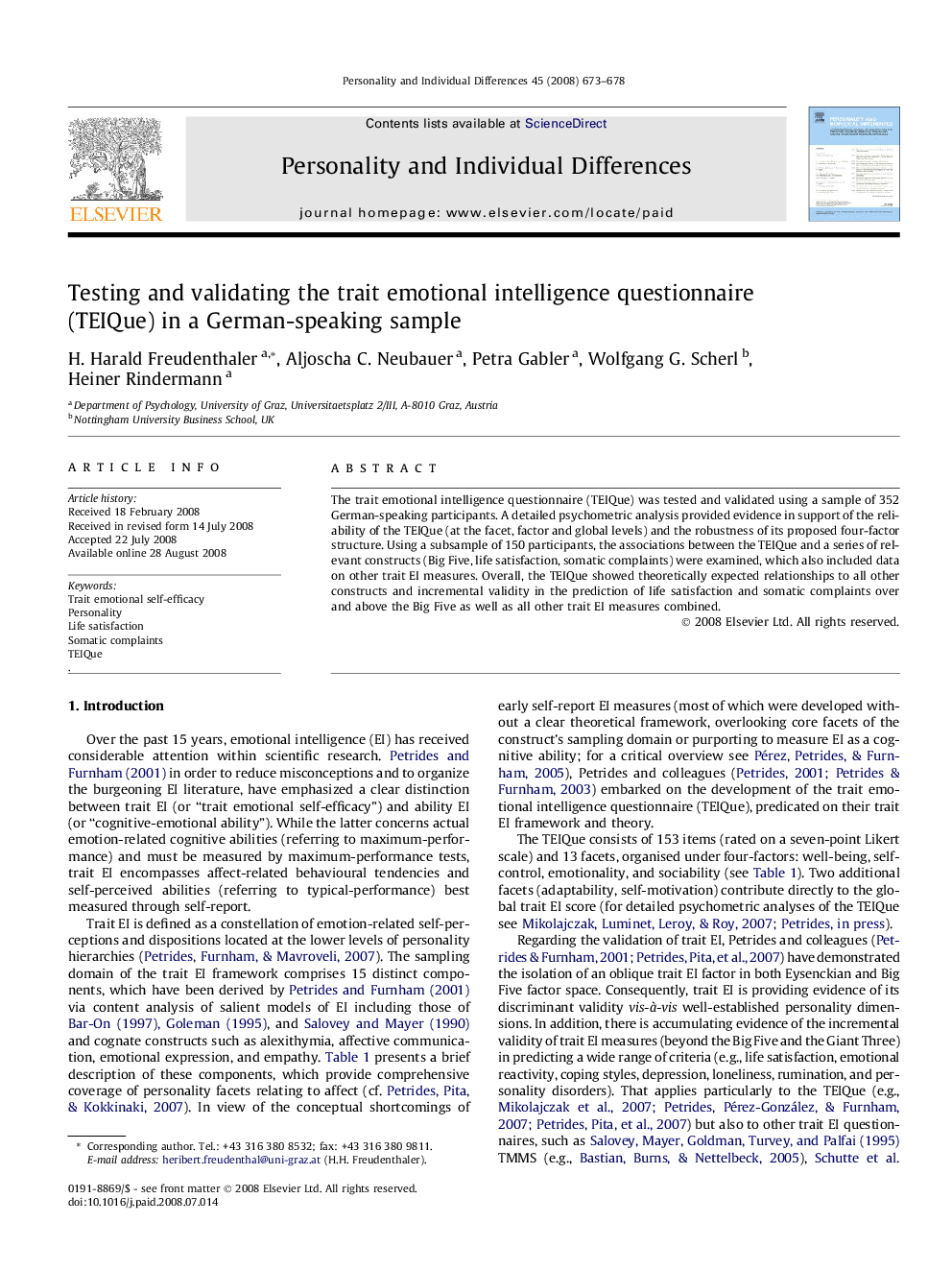 Testing and validating the trait emotional intelligence questionnaire (TEIQue) in a German-speaking sample