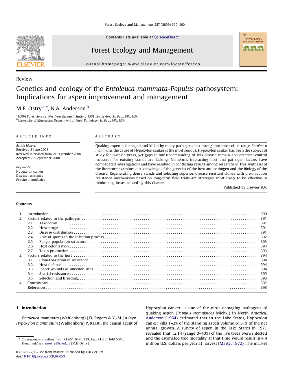 Genetics and ecology of the Entoleuca mammata-Populus pathosystem: Implications for aspen improvement and management