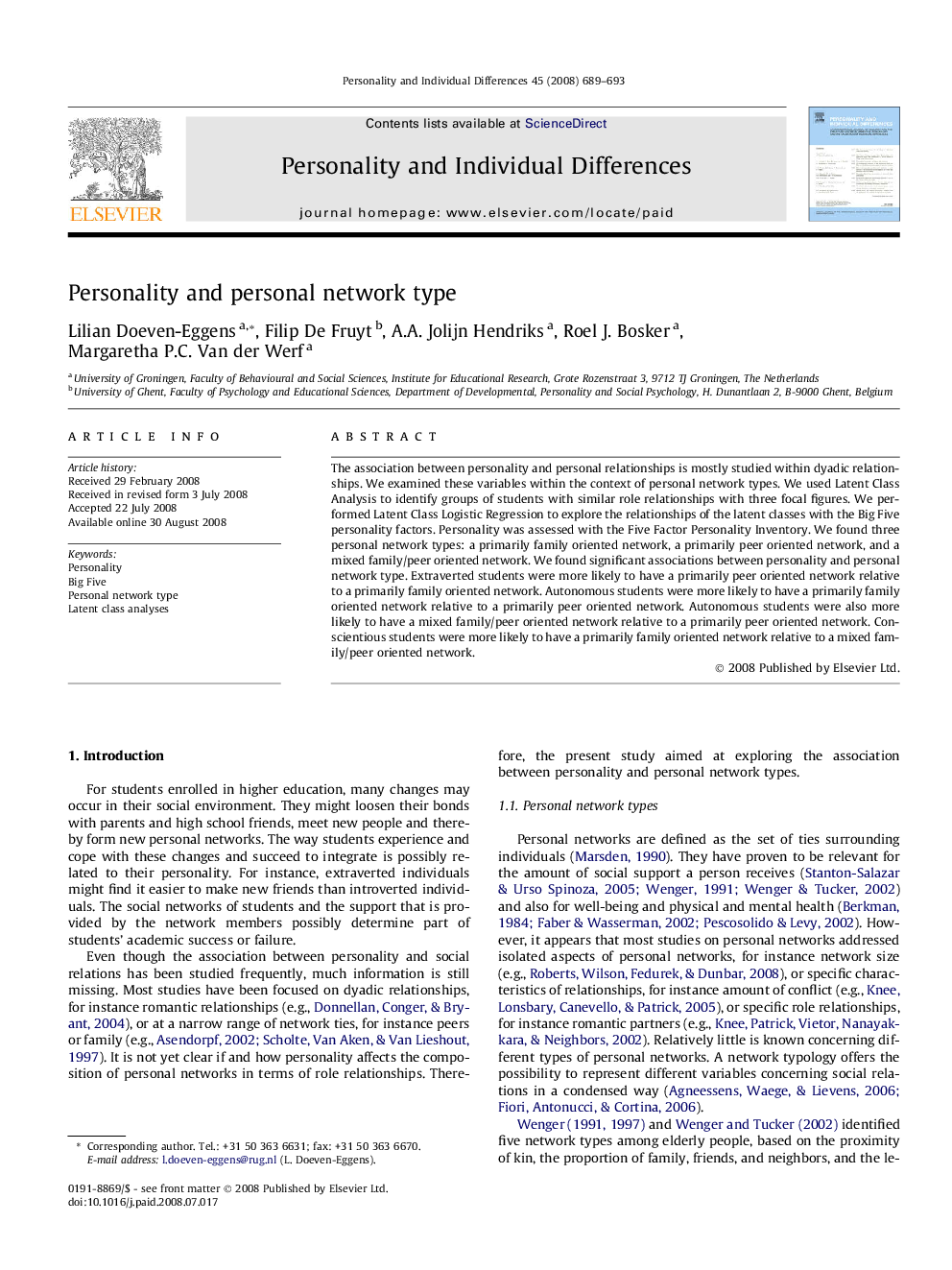 Personality and personal network type