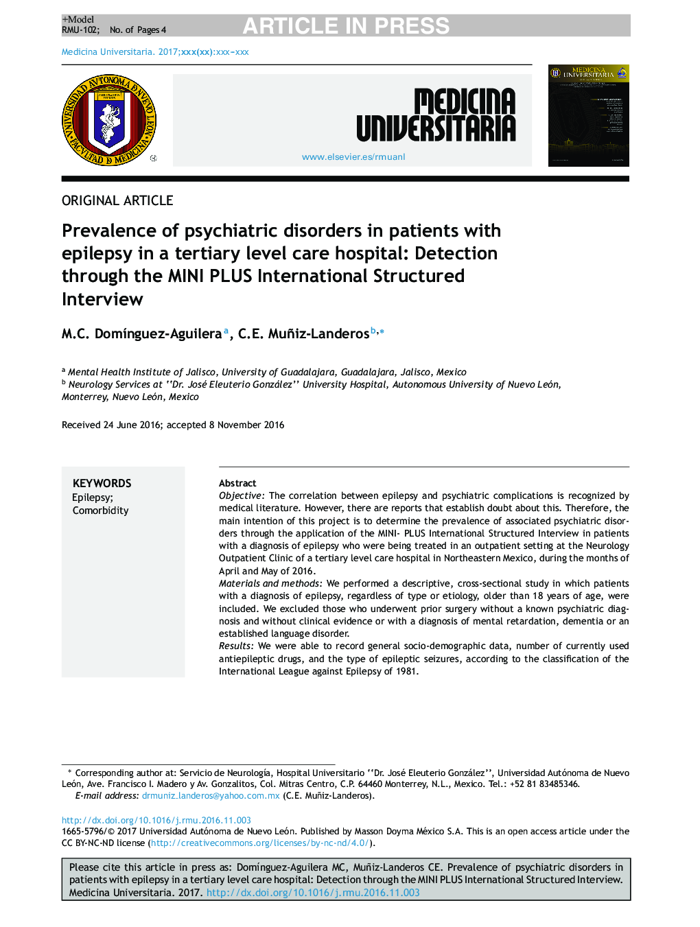 Prevalence of psychiatric disorders in patients with epilepsy in a tertiary level care hospital: Detection through the MINI PLUS International Structured Interview