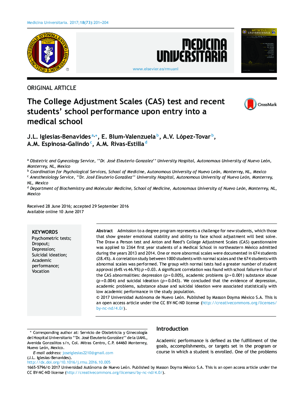 The College Adjustment Scales (CAS) test and recent students' school performance upon entry into a medical school